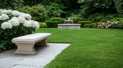 Sticker - Serene garden landscape with stone bench and fountain