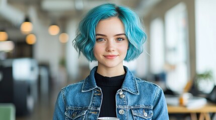 Poster - young woman with blue hair smiling