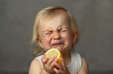 Wall Mural - A baby is crying and holding an lemon in his hand, close-up of the child's face with tears streaming down their cheeks as they wail furiously while trying to bite into it