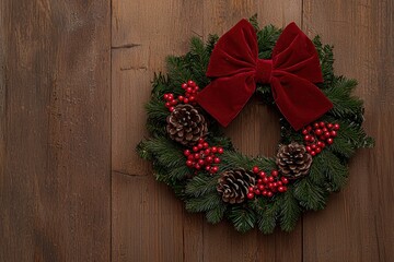 Canvas Print - Christmas wreath with red bow and pine cones on wooden background