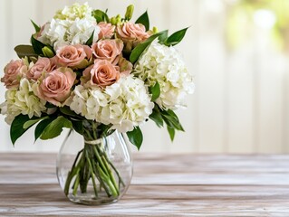 Wall Mural - beautiful bouquet of pink roses and white hydrangeas in glass vase