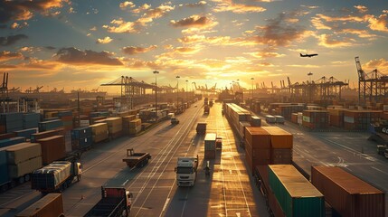 Busy shipping port at sunset, cargo containers, trucks, ships, airplane overhead, industrial activity, wideangle shot