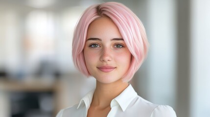 Sticker - young woman with pink hair in a professional setting