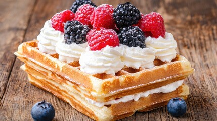 Canvas Print - Delicious waffle with fresh berries and whipped cream