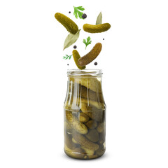 Poster - Jar with pickled tomatoes and ingredients falling into it on white background