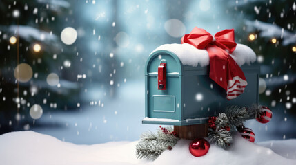 Letter box for Santa. Red box for letters to Santa Claus. Santa Claus letterbox close up