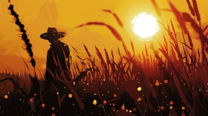 Poster - Silhouette of a person in a field with a sunset.