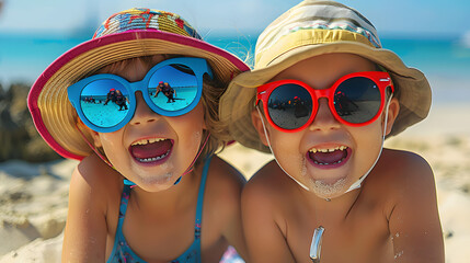 Sticker - Two siblings making silly faces while wearing oversized sunglasses and hats at the beach.