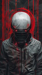 Poster - Futuristic cyborg with red lights and wires against a grunge background.