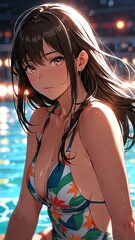 Wall Mural - anime beautiful long hair in swimsuit portrait character cartoon manga design illustration art 141