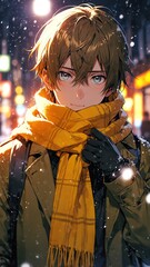 Poster - anime boy in winter yellow scarf portrait character cartoon manga design illustration art 289