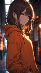 Wall Mural - anime girl in orange hoodie portrait character cartoon manga design illustration art 372