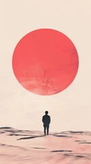 Wall Mural - a lone figure walks across a desert landscape with a large red orb in the sky.