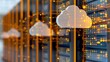 © Enjoy - Cloud Computing Power: Abstract cloud icons float in front of a server rack, symbolizing the powerful and scalable nature of cloud computing. An image of innovation, efficiency, and the future of data