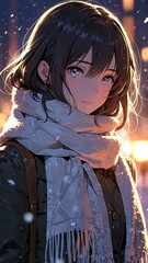 Poster - anime long hair in winter scarf portrait character cartoon manga design illustration art 605