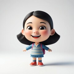 Wall Mural - smiling cute asian girl 3d cartoon character on plain white background 16