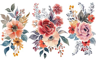 Wall Mural - Watercolor bouquets of flowers and leaves.