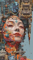Wall Mural - abstract pixelated portrait with cityscape details.