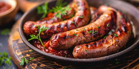 Wall Mural - Delicious Vienna sausages with savory goulash sauce on a beautifully arranged table