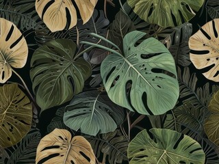 Tropical Leaves Pattern in shades of green, brown, and yellow