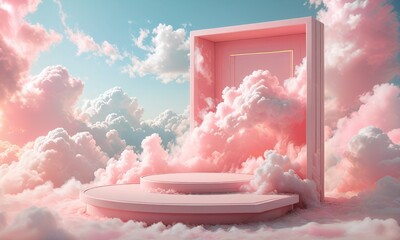 Wall Mural - A pink 3D product display podium with a sky background, pastel clouds, and a minimal abstract stage