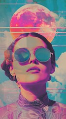 Wall Mural - retro styled portrait of a woman wearing sunglasses and looking up.