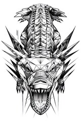 Canvas Print - Black and white geometric illustration of a crocodile with an open mouth.