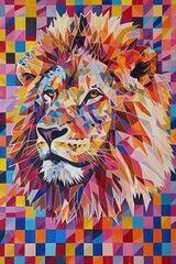 Sticker - Colorful geometric lion portrait on a checkered background.