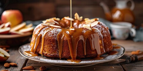 Drizzling a homemade caramel glaze over a freshly baked apple bundt cake and topping it with sliced almonds