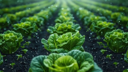 Wall Mural - Green Lettuce Rows in a Farm Field