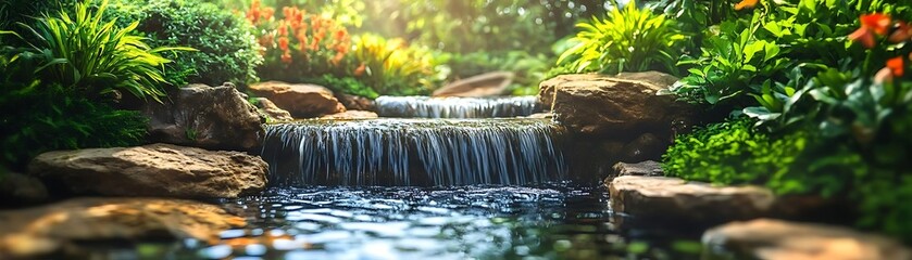 Serene Waterfall in Lush Garden