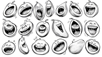 Sticker - Collection of 18 cartoon fruit illustrations with various funny expressions.