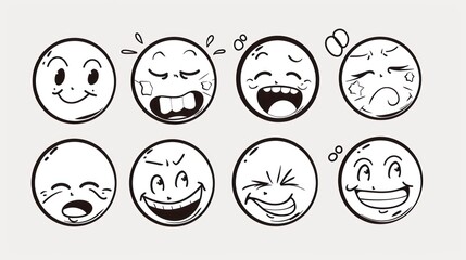 Canvas Print - Set of eight hand-drawn emoticon faces showing various expressions.