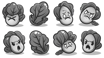 Sticker - Eight cartoon cabbage characters with different expressions.