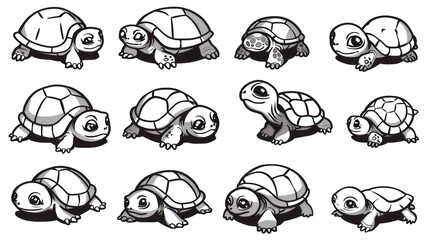 Wall Mural - Cute cartoon turtles in black and white.