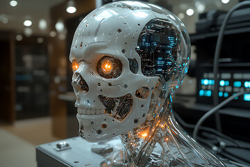 Wall Mural - Close-up of an advanced humanoid robot with a transparent skull revealing intricate circuits and glowing neural networks, set in a high-tech lab.
