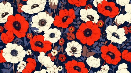 Wall Mural - A colorful floral pattern with red, white, and blue flowers. The flowers are arranged in a way that creates a sense of movement and energy. The scene is cheerful and uplifting