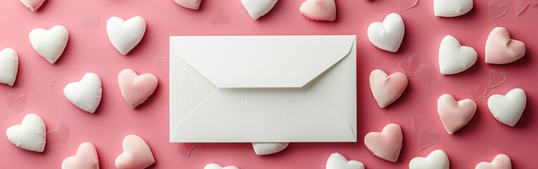 Wall Mural - Valentine's Day White Postcard Mockup with Pink and White Heart Background - Flat Lay Top View and Copy Space