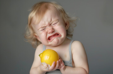 Wall Mural - A baby is crying and holding an lemon in his hand, close-up of the child's face with tears streaming down their cheeks as they wail furiously while trying to bite into it