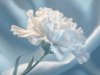 Poster - Delicate white flower with soft, textured petals against a blue background.