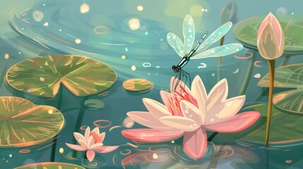 Poster - A dragonfly perched on a water lily in a pond, surrounded by other water lilies and lily pads.