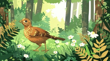 Canvas Print - Brown bird with yellow accents perched in a green forest with white flowers.