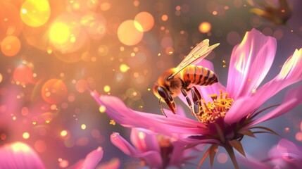 Poster - Honeybee gathers pollen on a pink flower with a bokeh background.