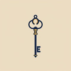 Canvas Print - Ornate golden key with the letter E on beige background.