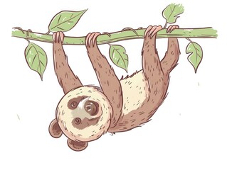 Sticker - A cute cartoon sloth hangs upside down from a branch, looking down at the viewer.