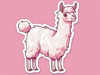 Poster - Cute cartoon llama illustration on pink background.