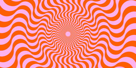 Sticker - Optical illusion background. Red and pink abstract distorted wavy lines surface. Radial waves poster design. Trippy sunburst illusion wallpaper. Vector spinning hypnotic illustration