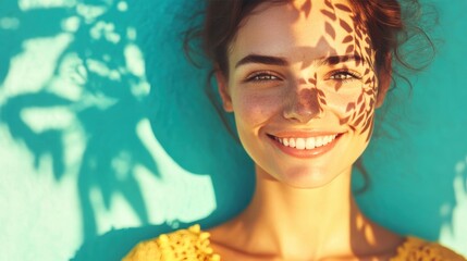 A cheerful woman showcases artistic shadow patterns on her face while enjoying a sunny day outdoors