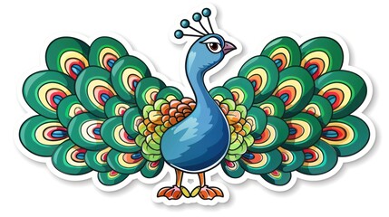 Poster - Colorful cartoon peacock sticker with a spread tail.