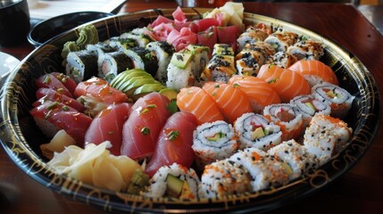 Wall Mural - A large platter of fresh sushi rolls, including salmon, tuna, and avocado.